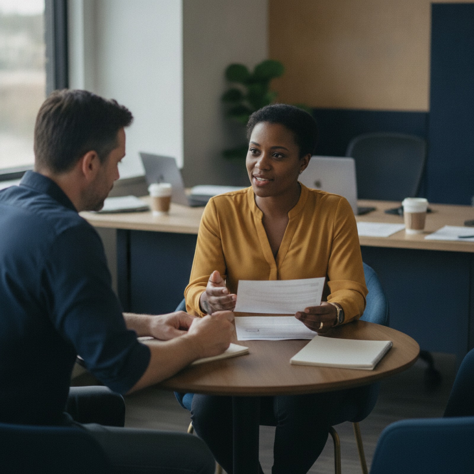 A candidate discussing her CV with a recruiter in an interview